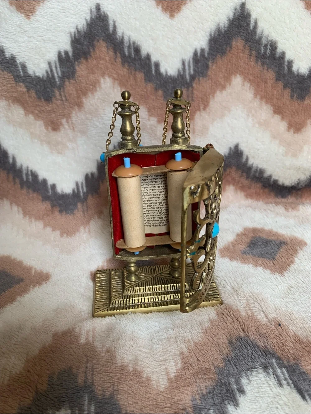 Vintage Judaica Brass Torah Holder Ten Commandments on Stand w/ Cover Israel